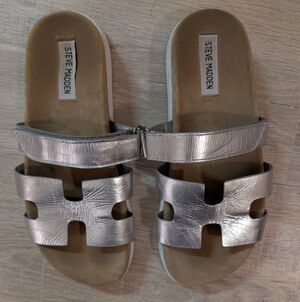 Steve Madden Mayven Flatform Slide Sandal in Silver Leather Women's Size 8 1/2